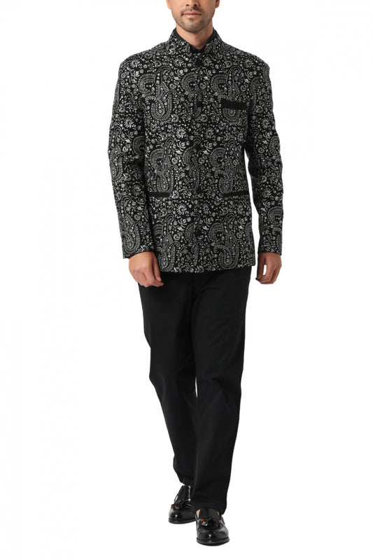 MC 115 Black & White Paisley Embroidered Prince Coat - Mashal Couture