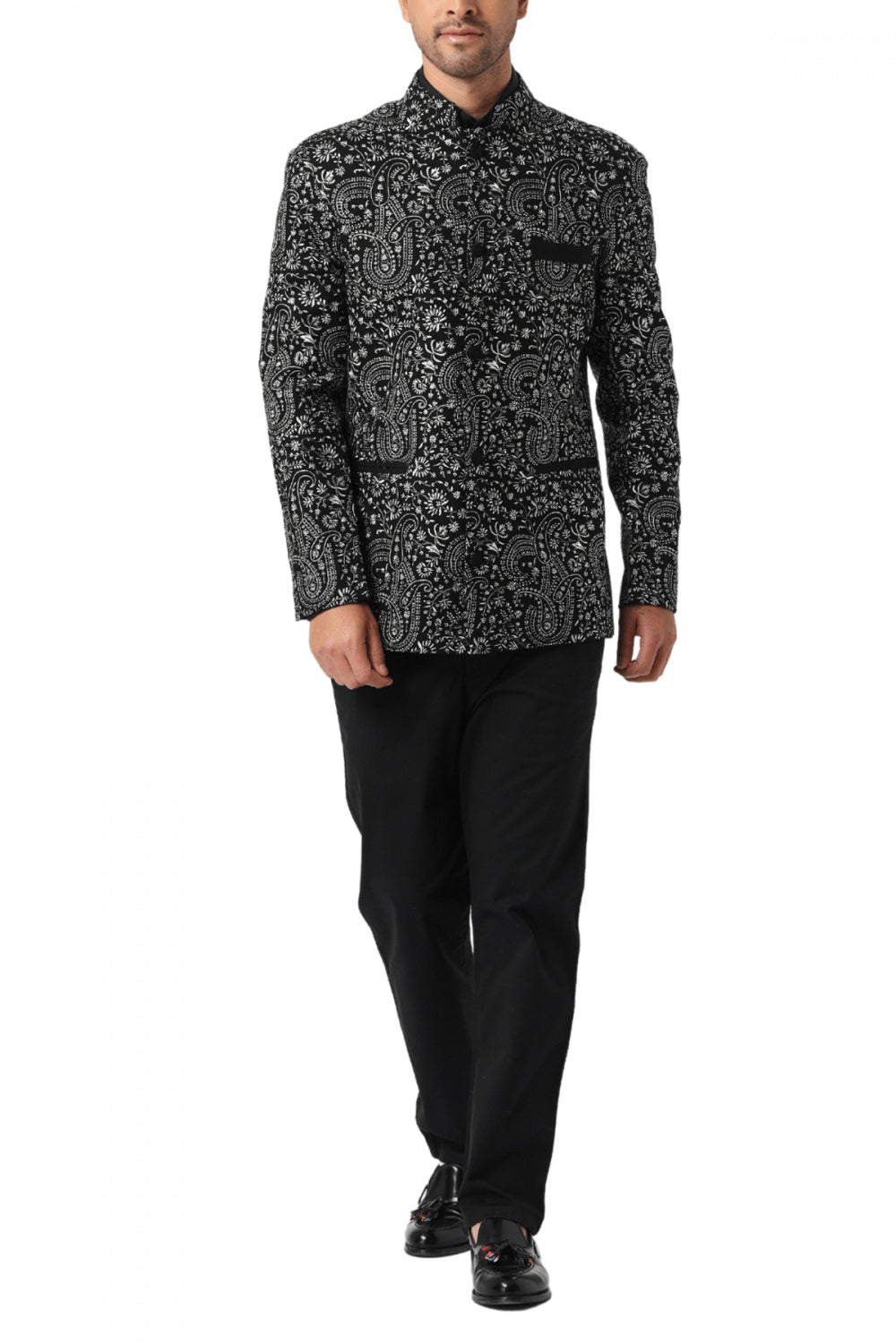 MC 115 Black & White Paisley Embroidered Prince Coat - Mashal Couture