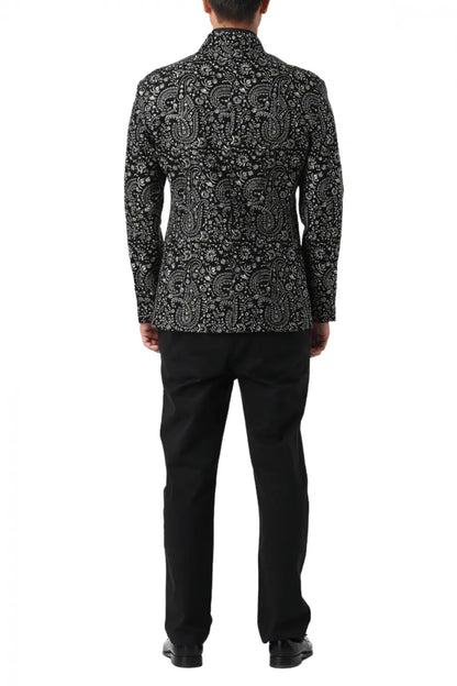 MC 115 Black & White Paisley Embroidered Prince Coat - Mashal Couture