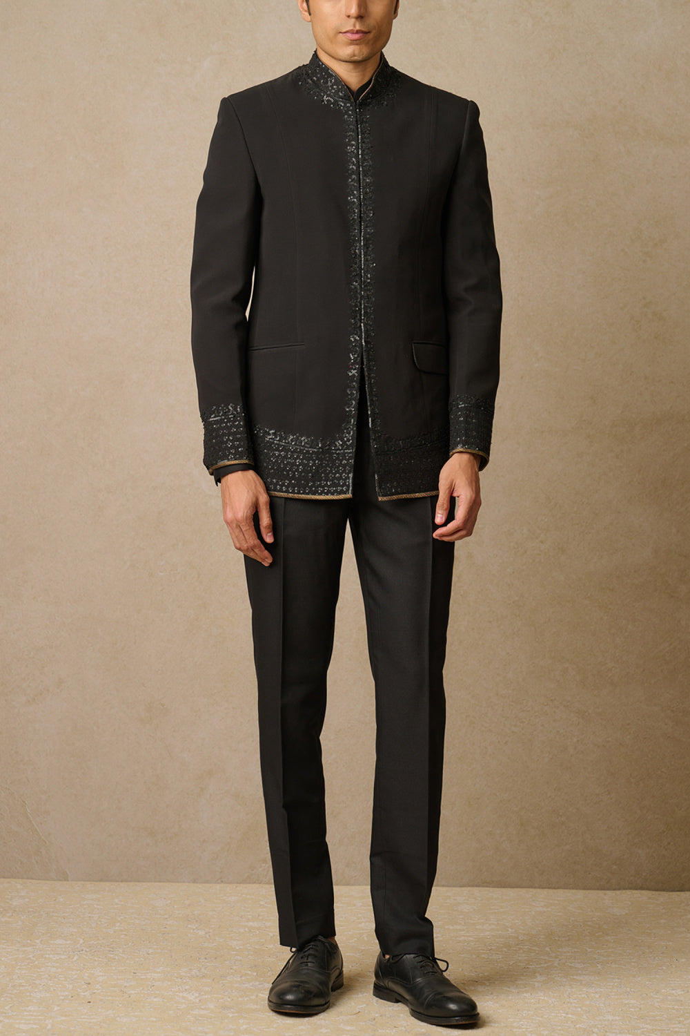 MC 117 Black Sequin Embroidery Bandhgala Prince Coat - Mashal Couture