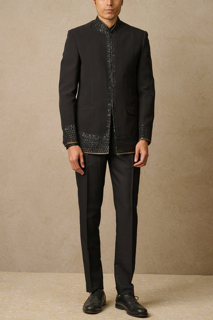 MC 117 Black Sequin Embroidery Bandhgala Prince Coat - Mashal Couture