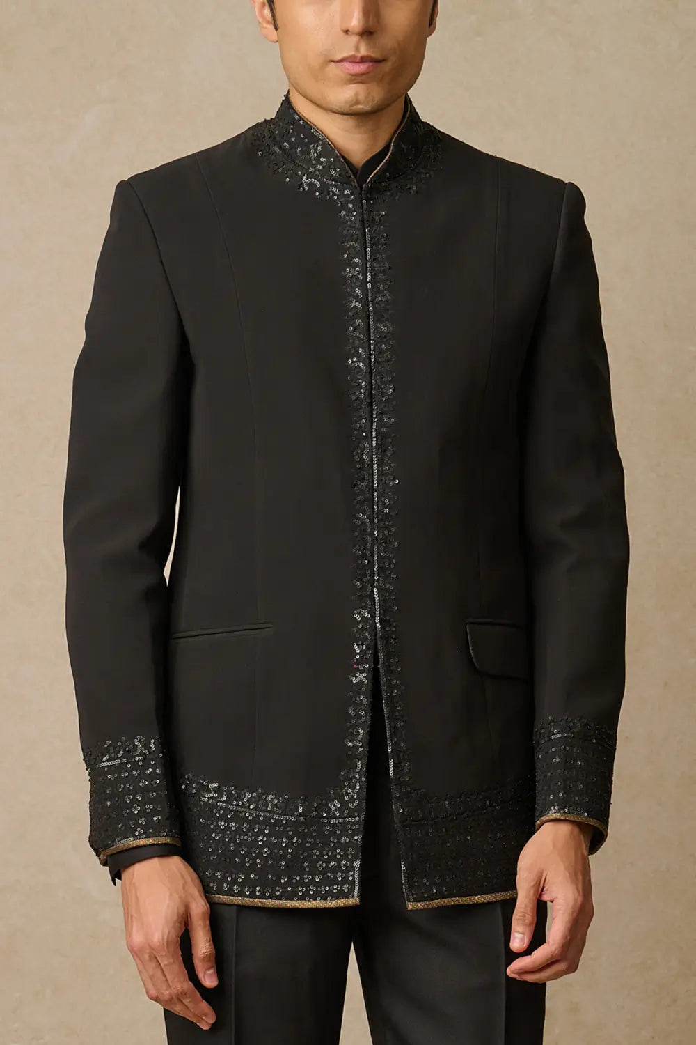 MC 117 Black Sequin Embroidery Bandhgala Prince Coat - Mashal Couture