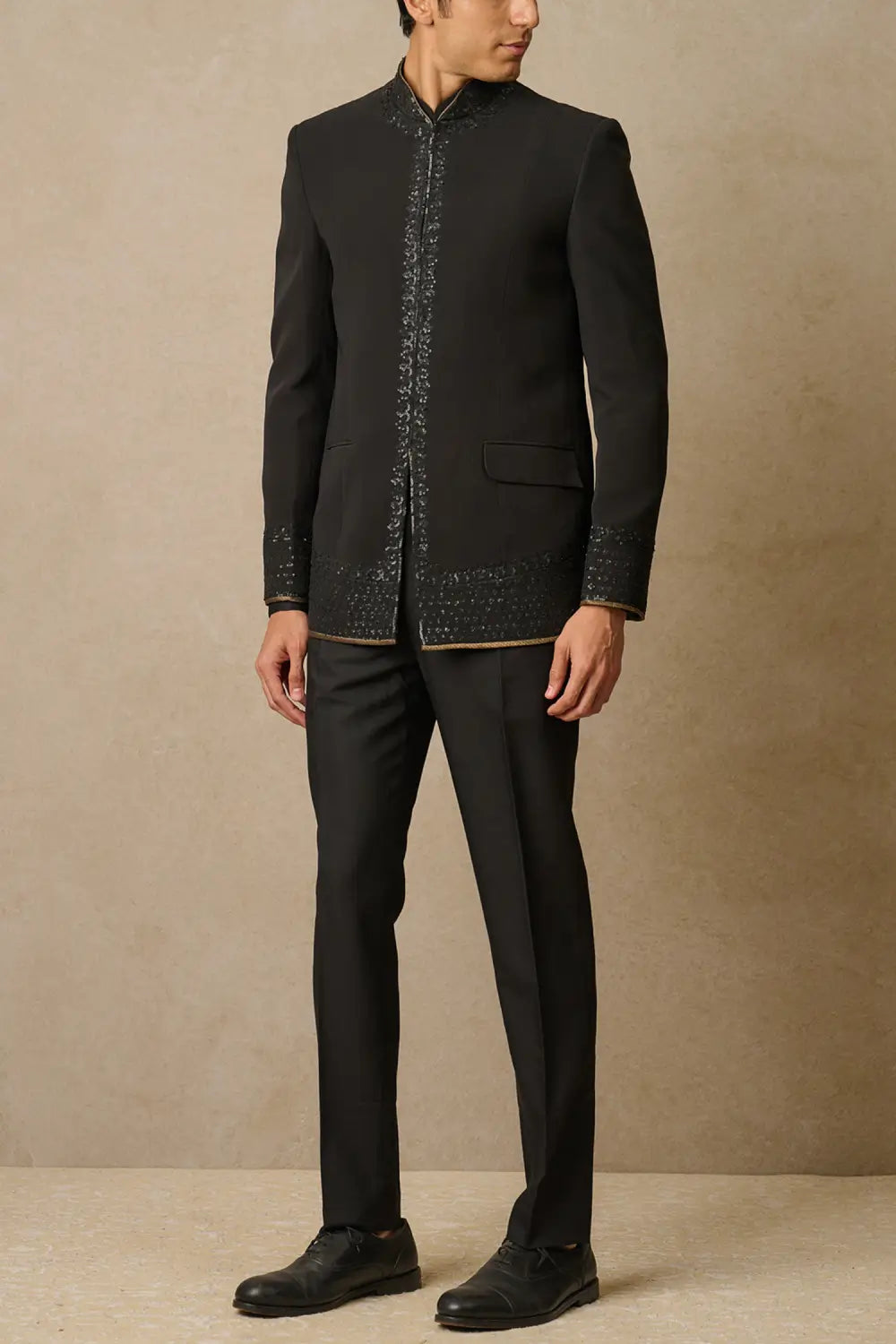 MC 117 Black Sequin Embroidery Bandhgala Prince Coat - Mashal Couture
