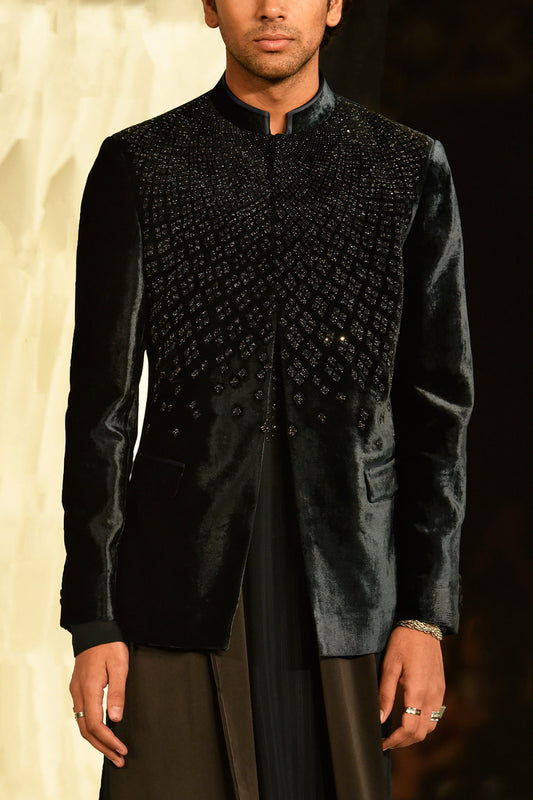 MC 119 Black Shenyl Valvet Prince Coat Sequin Embroidery - Mashal Couture