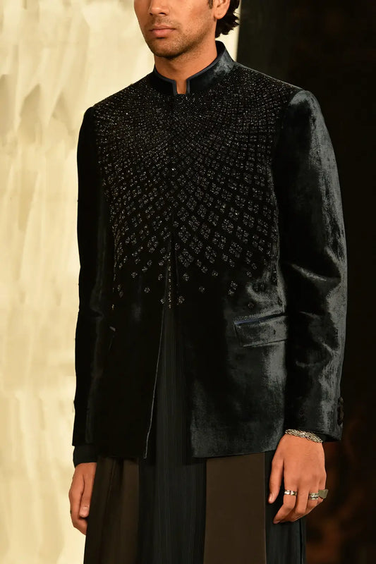 MC 119 Black Shenyl Valvet Prince Coat Sequin Embroidery - Mashal Couture