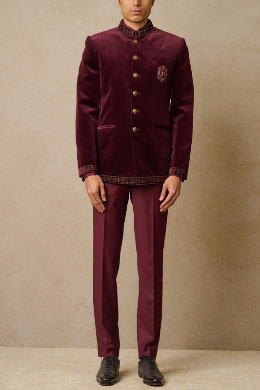 MC 107 Wine Embroidered Velvet Prince Coat Design - Mashal Couture