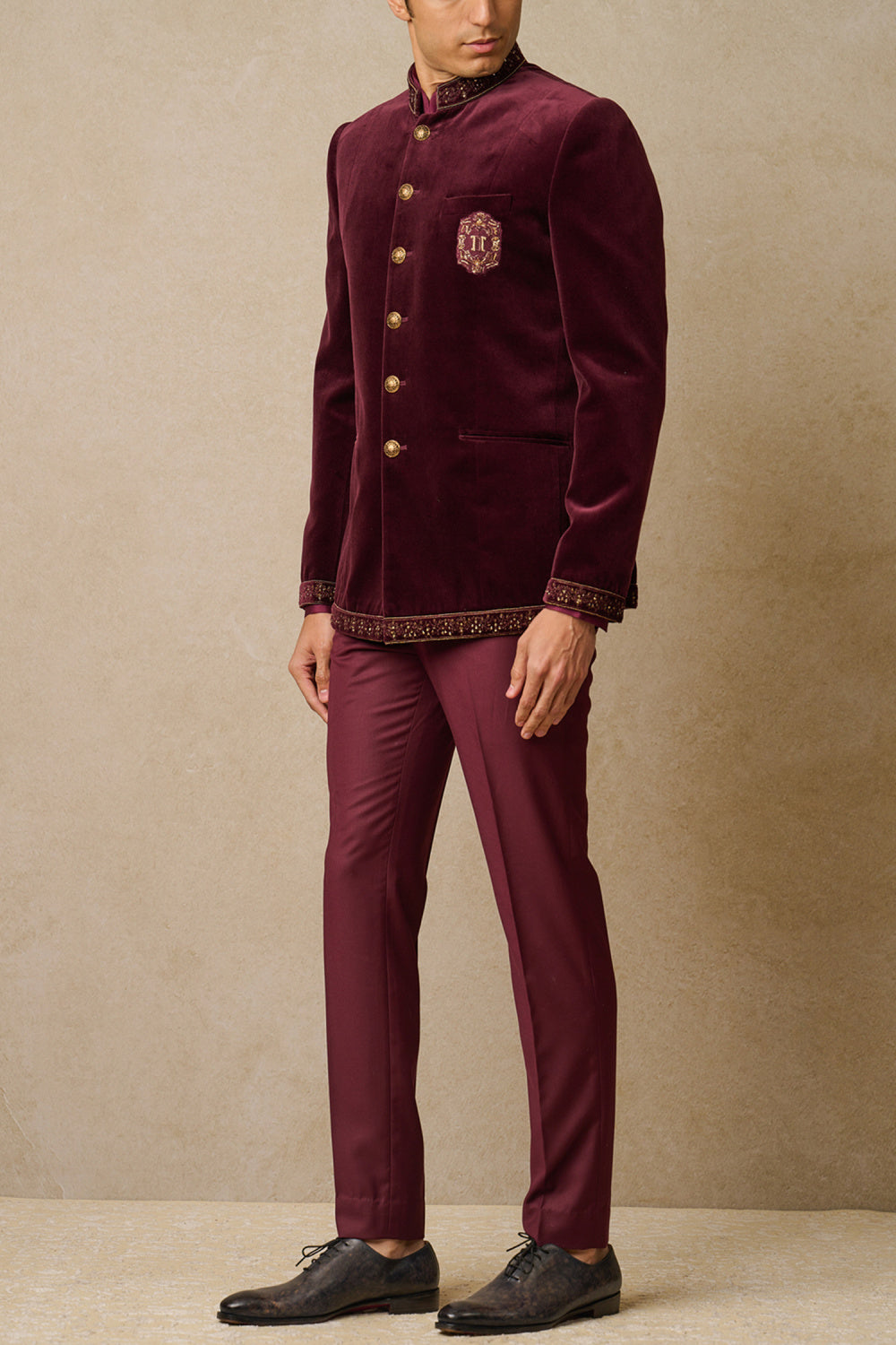 MC 107 Wine Embroidered Velvet Prince Coat Design - Mashal Couture