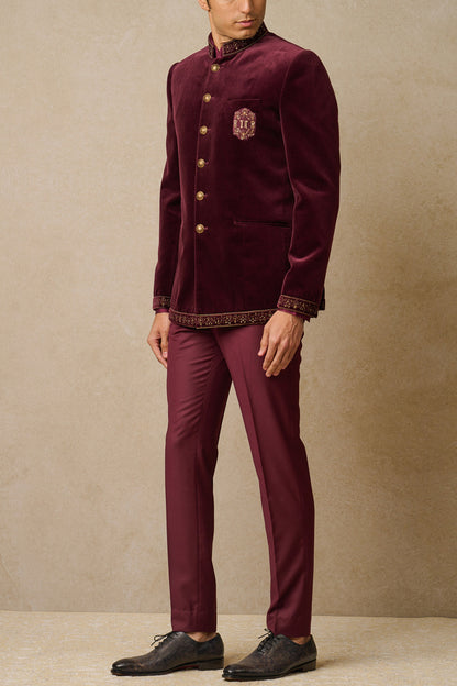 MC 107 Wine Embroidered Velvet Prince Coat Design - Mashal Couture