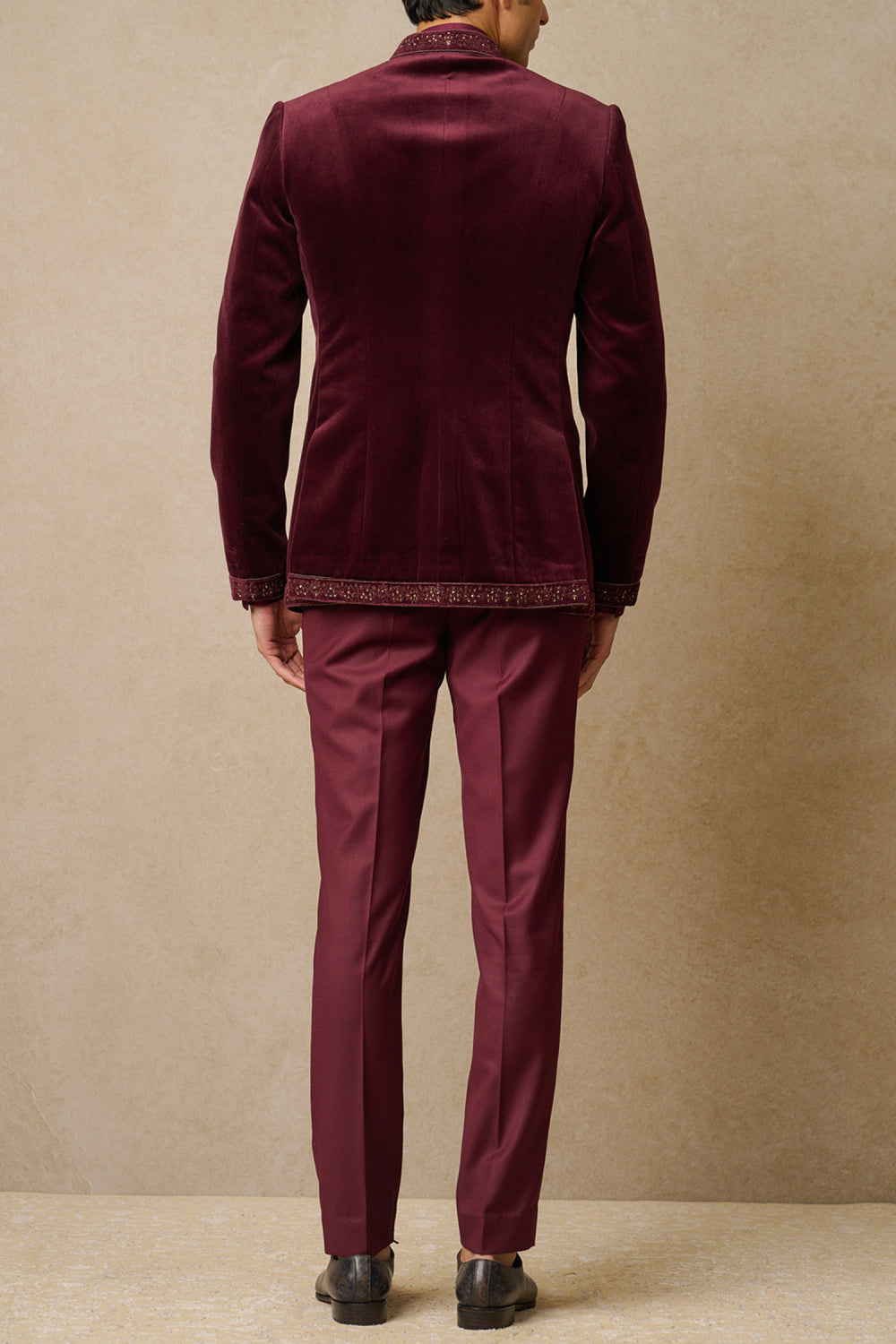 MC 107 Wine Embroidered Velvet Prince Coat Design - Mashal Couture
