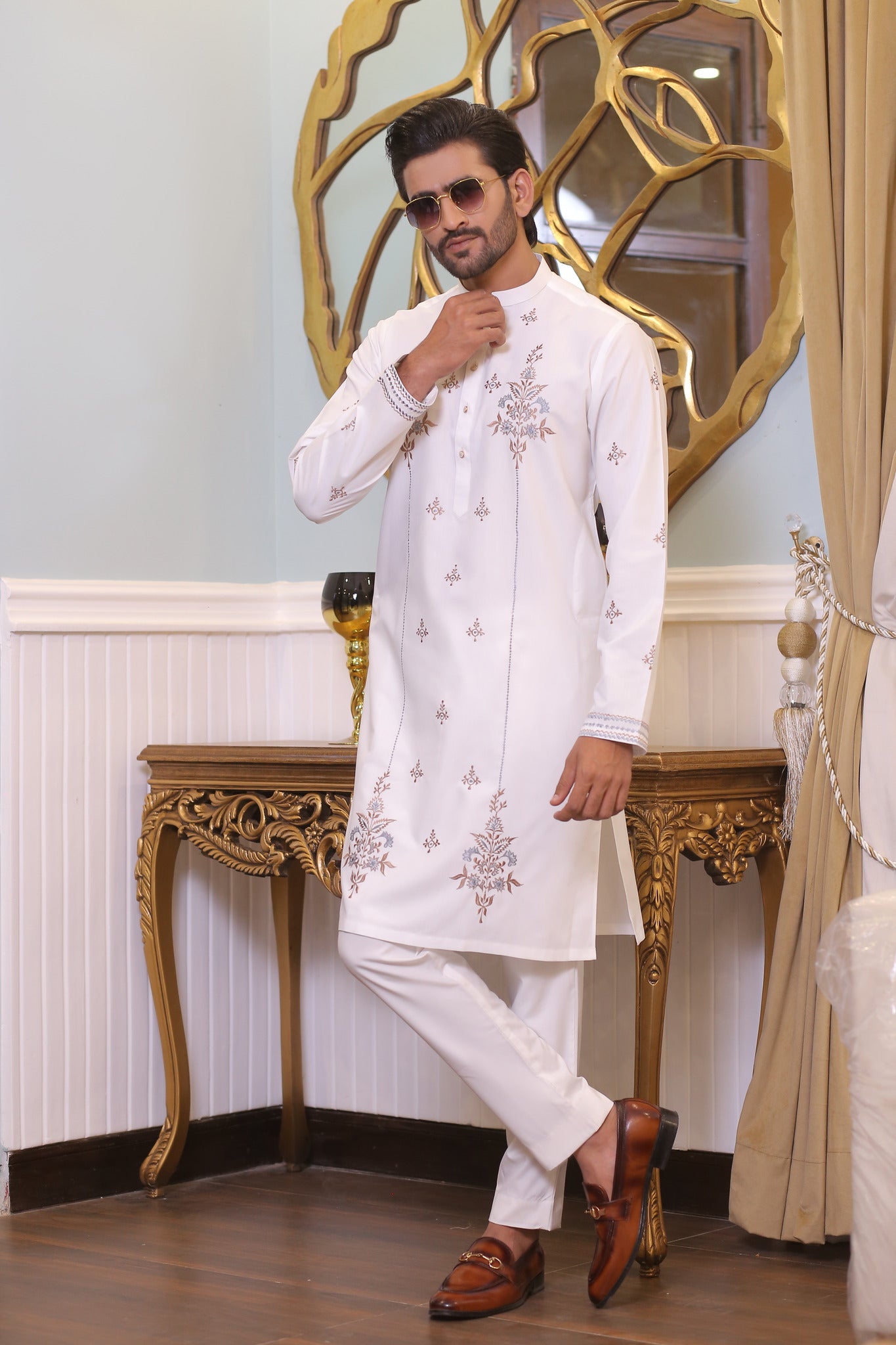 CK 23 White Chikankari Kurta For Mens Pakistan - Mashal Couture