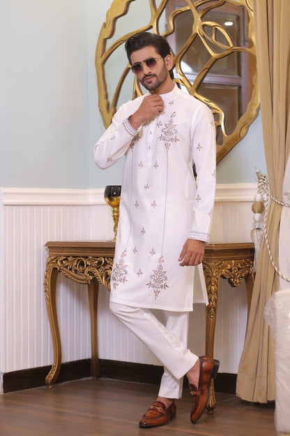 CK 23 White Chikankari Kurta For Mens Pakistan - Mashal Couture