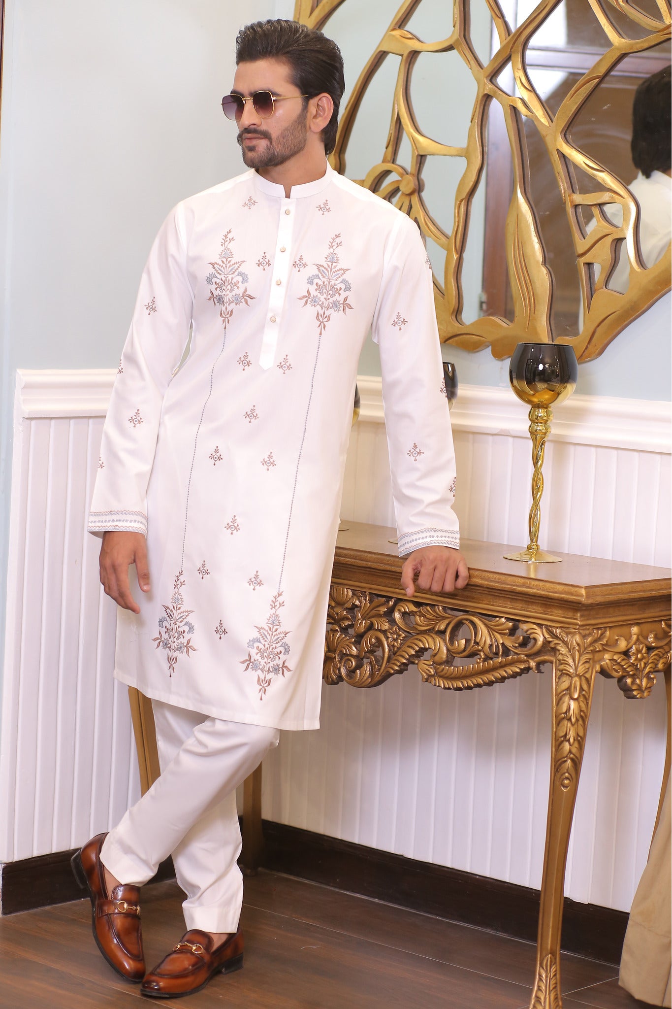 CK 23 White Chikankari Kurta For Mens Pakistan - Mashal Couture