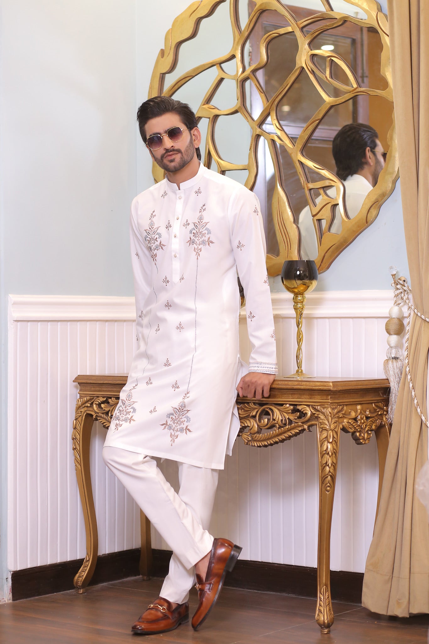 CK 23 White Chikankari Kurta For Mens Pakistan - Mashal Couture