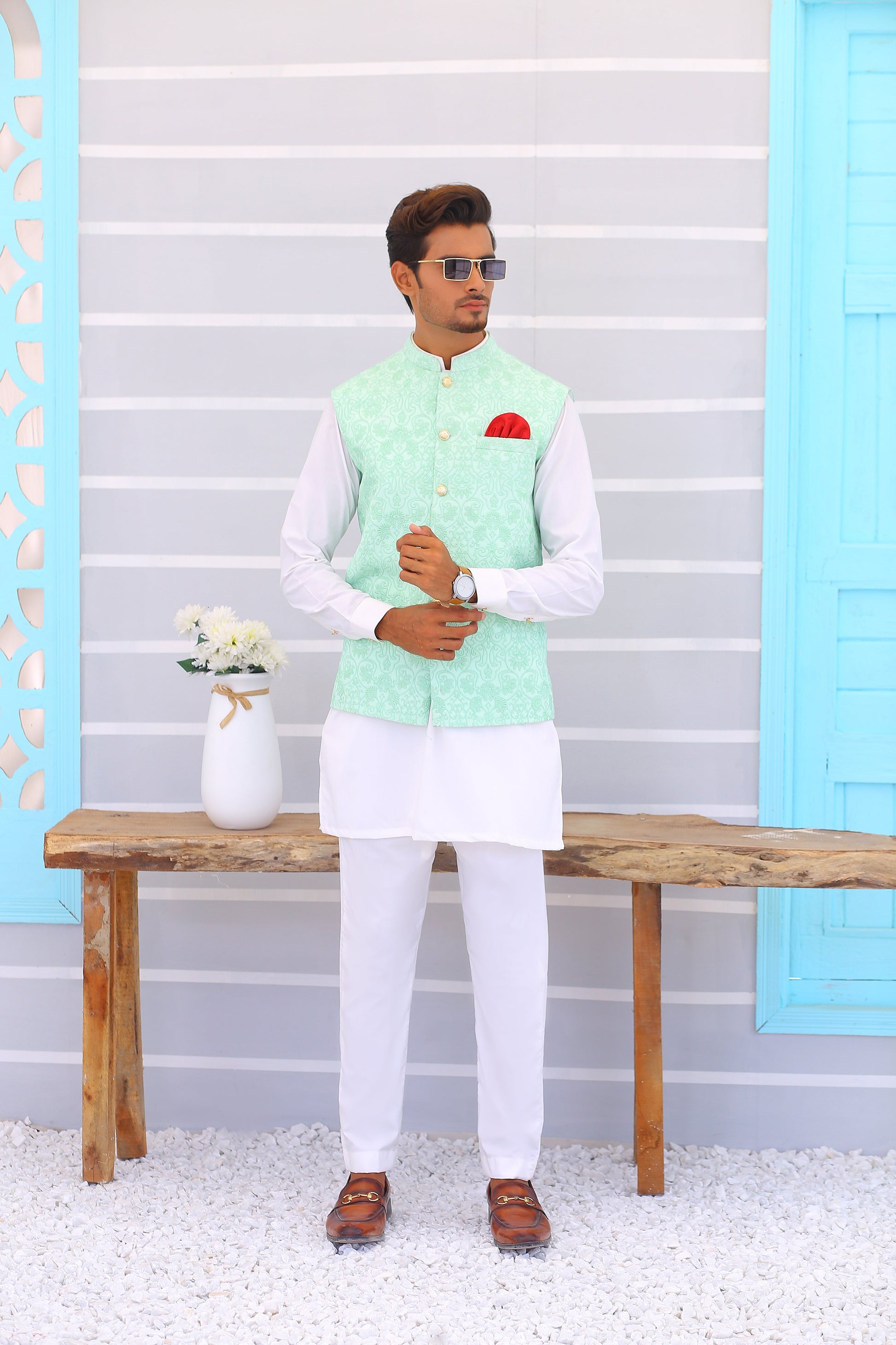 sky blue waistcoat with shalwar kameez