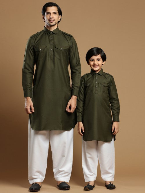 MC FS 02 Army Green Kurta With White Pajama - Mashal Couture