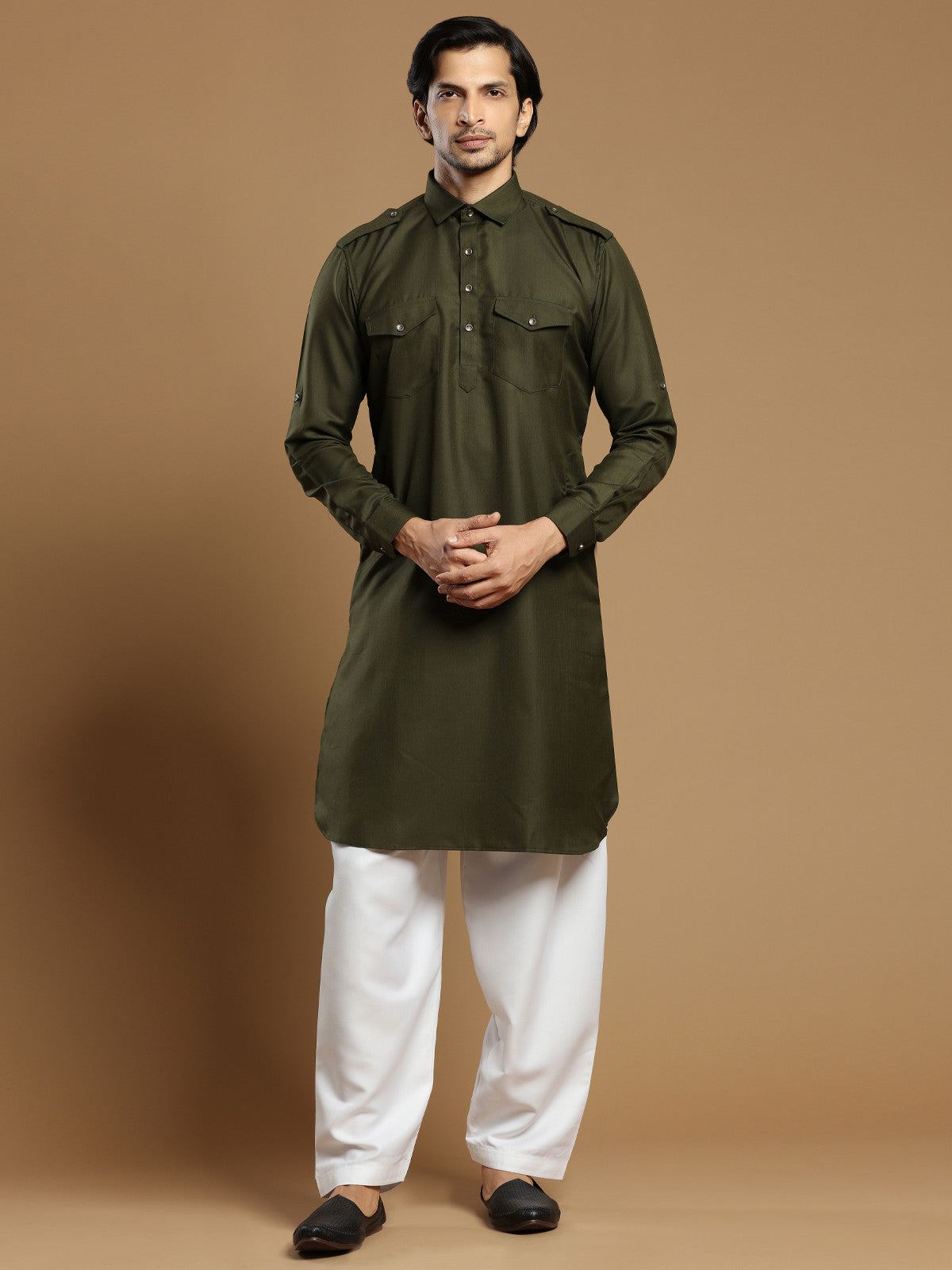 MC FS 02 Army Green Kurta With White Pajama - Mashal Couture