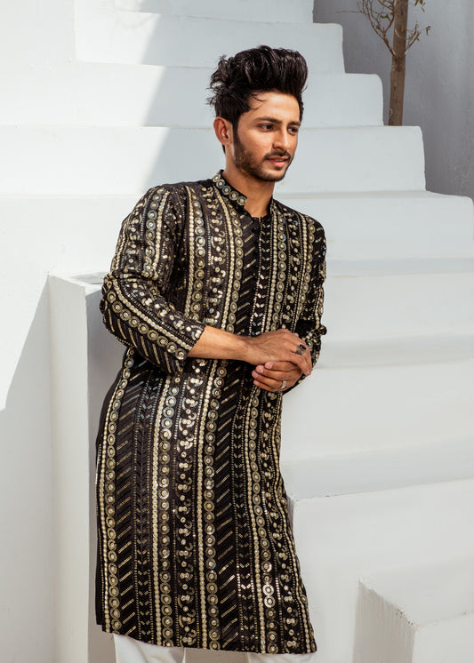 MC 20 Mirror Work Kurta Black - Mashal Couture