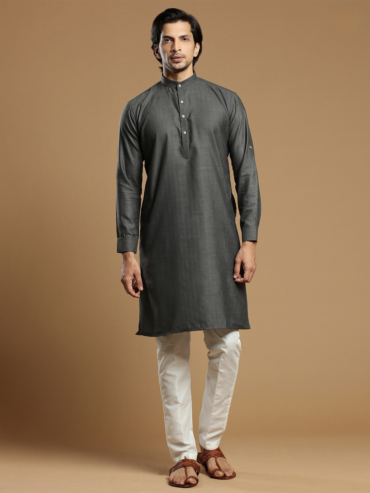 MC FS 04 Grey Kurta With White Trouser - Mashal Couture