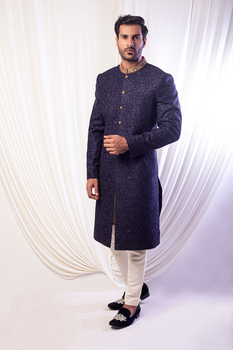 MC 611 Navy Blue Sherwani For Groom - Mashal Couture