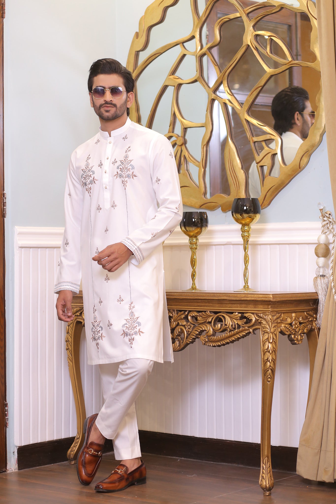 CK 23 White Chikankari Kurta For Mens Pakistan - Mashal Couture