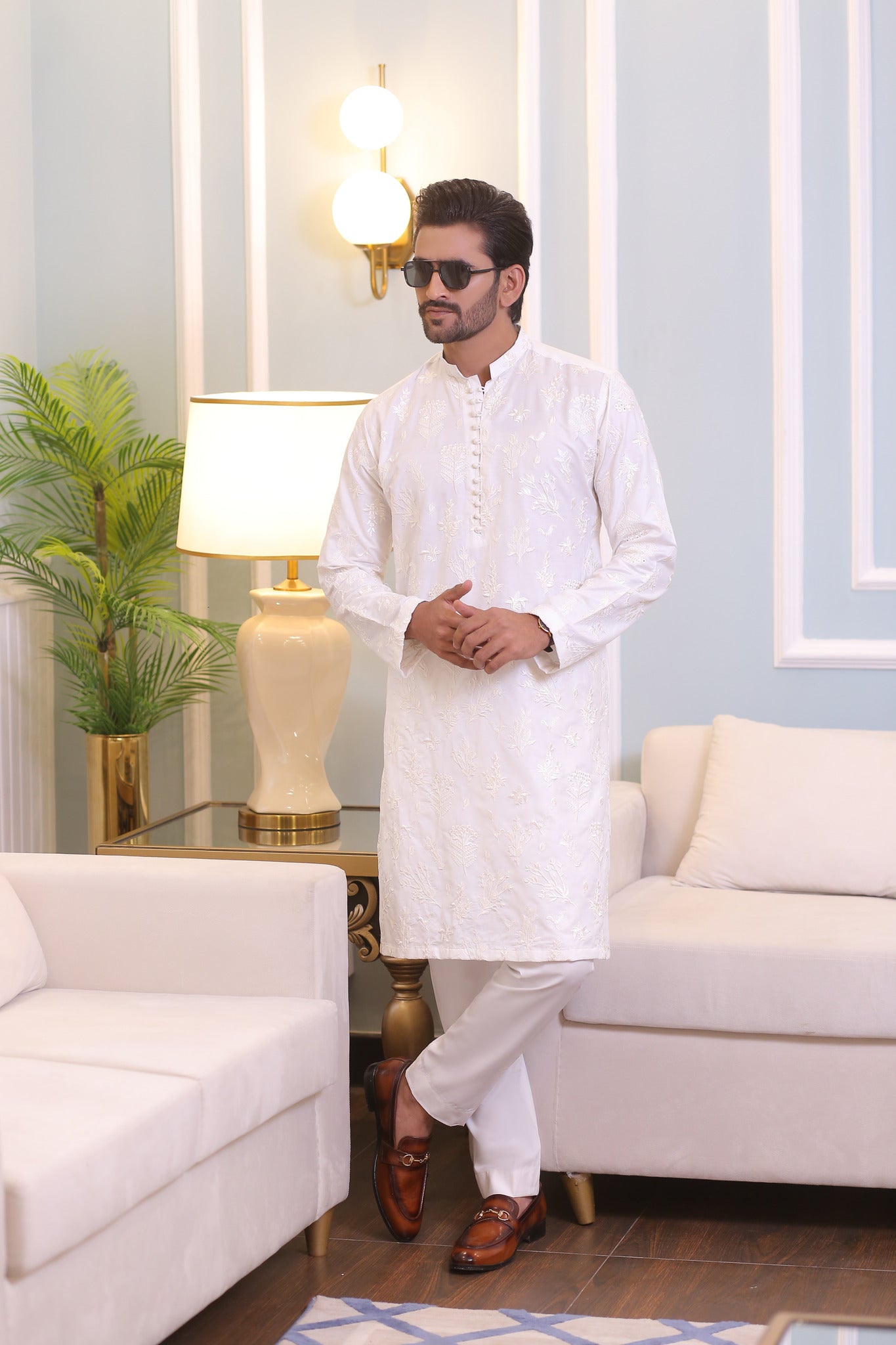 CK 22 White Chikankari Kurta Pajama For Men - Mashal Couture