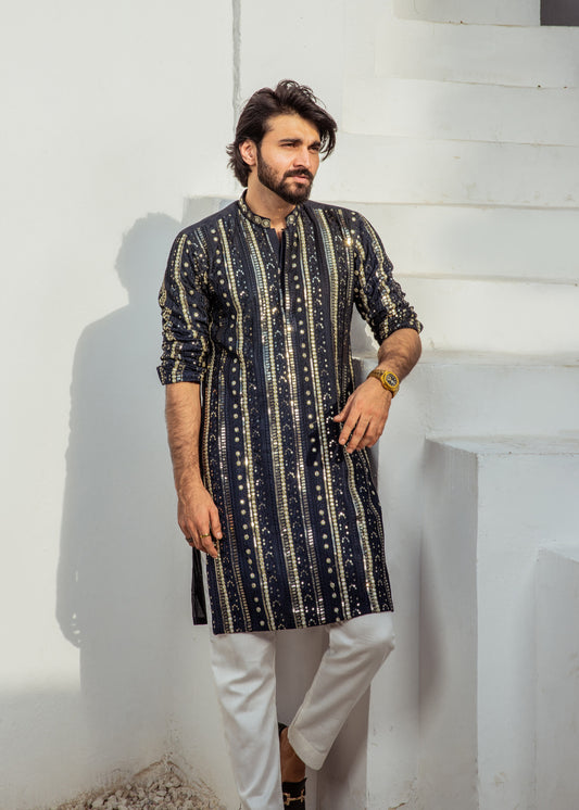MC 21 Mirror Work Kurta Mens Black - Mashal Couture