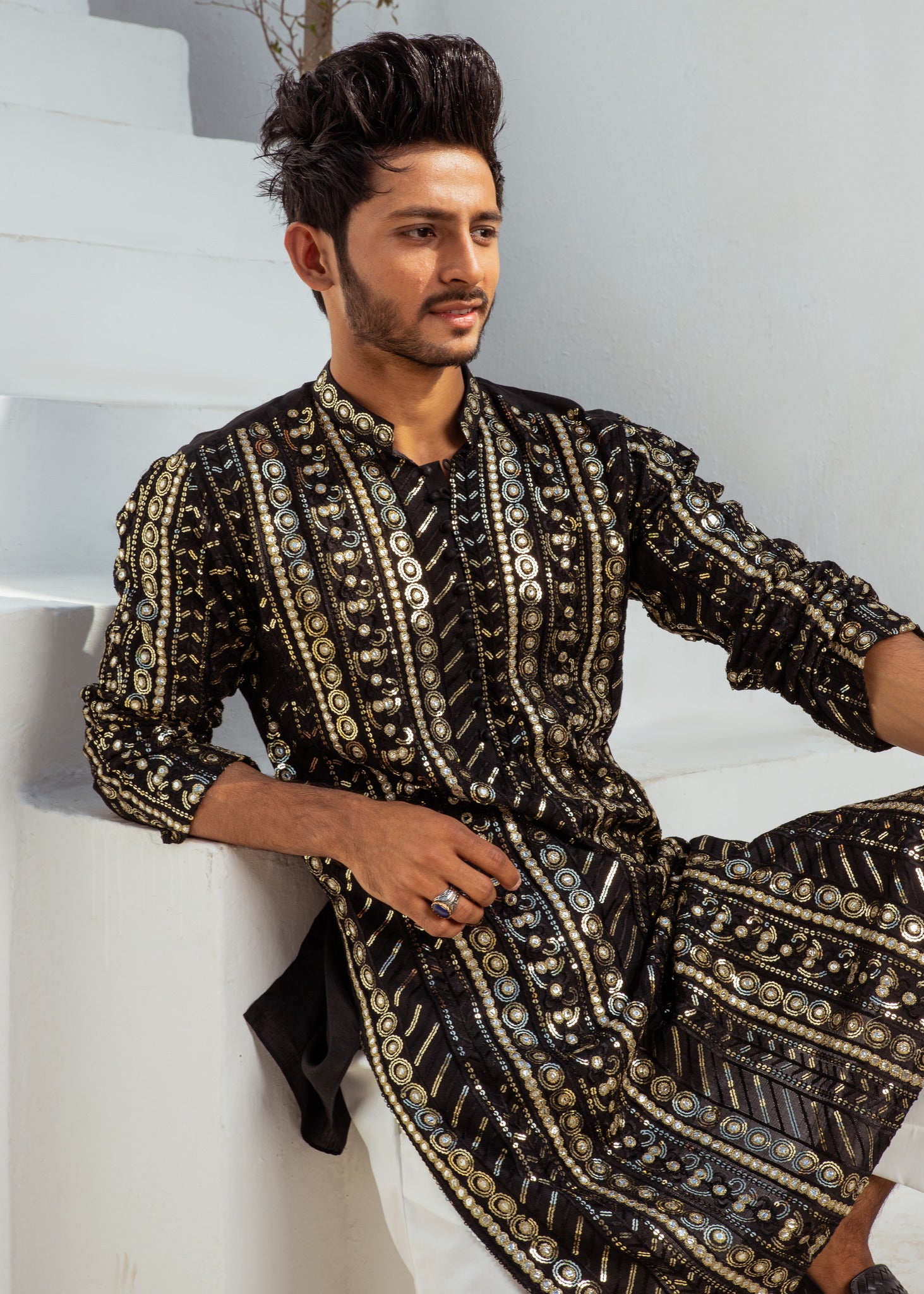 MC 20 Mirror Work Kurta Black - Mashal Couture