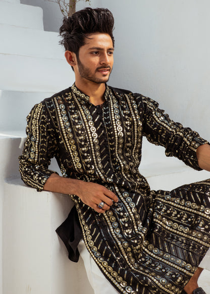 MC 20 Mirror Work Kurta Black - Mashal Couture