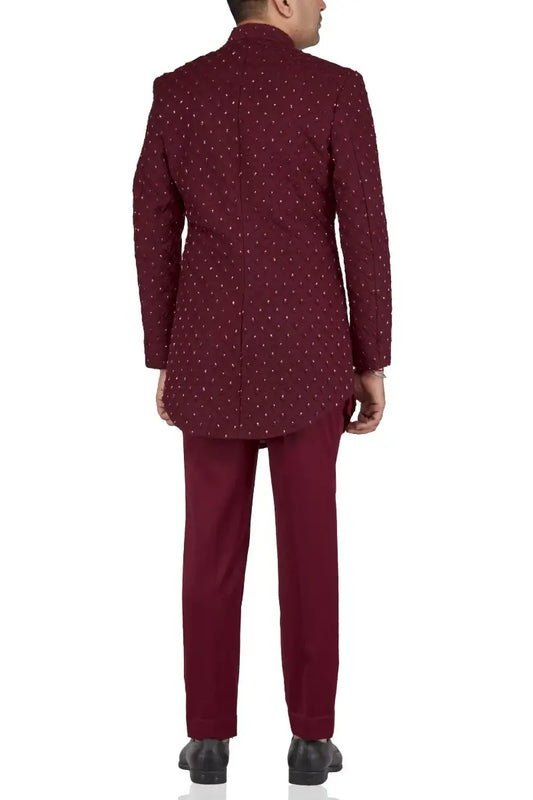 MC 110 Maroon Cut Daman Silver Zari Embroidered Prince Coat - Mashal Couture