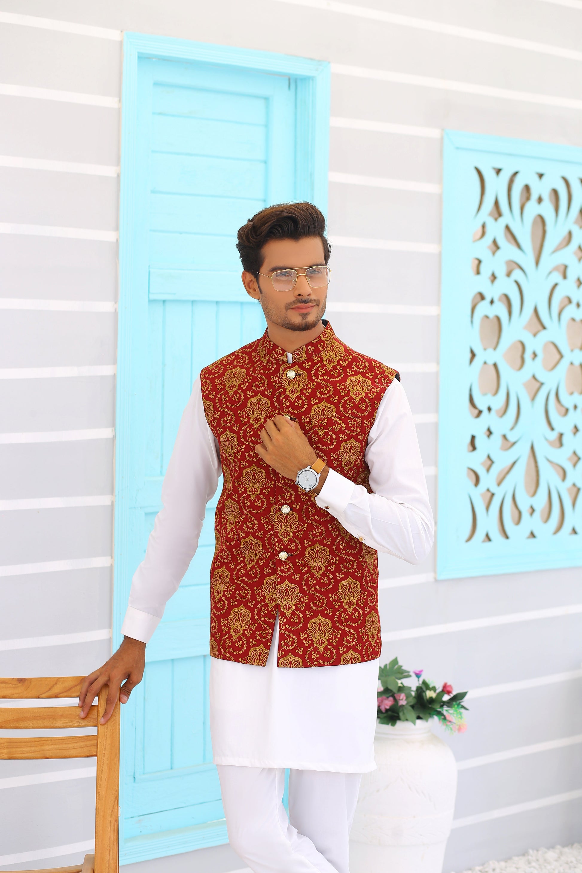 MC Maroon Embroidery Waistcoat - Mashal Couture