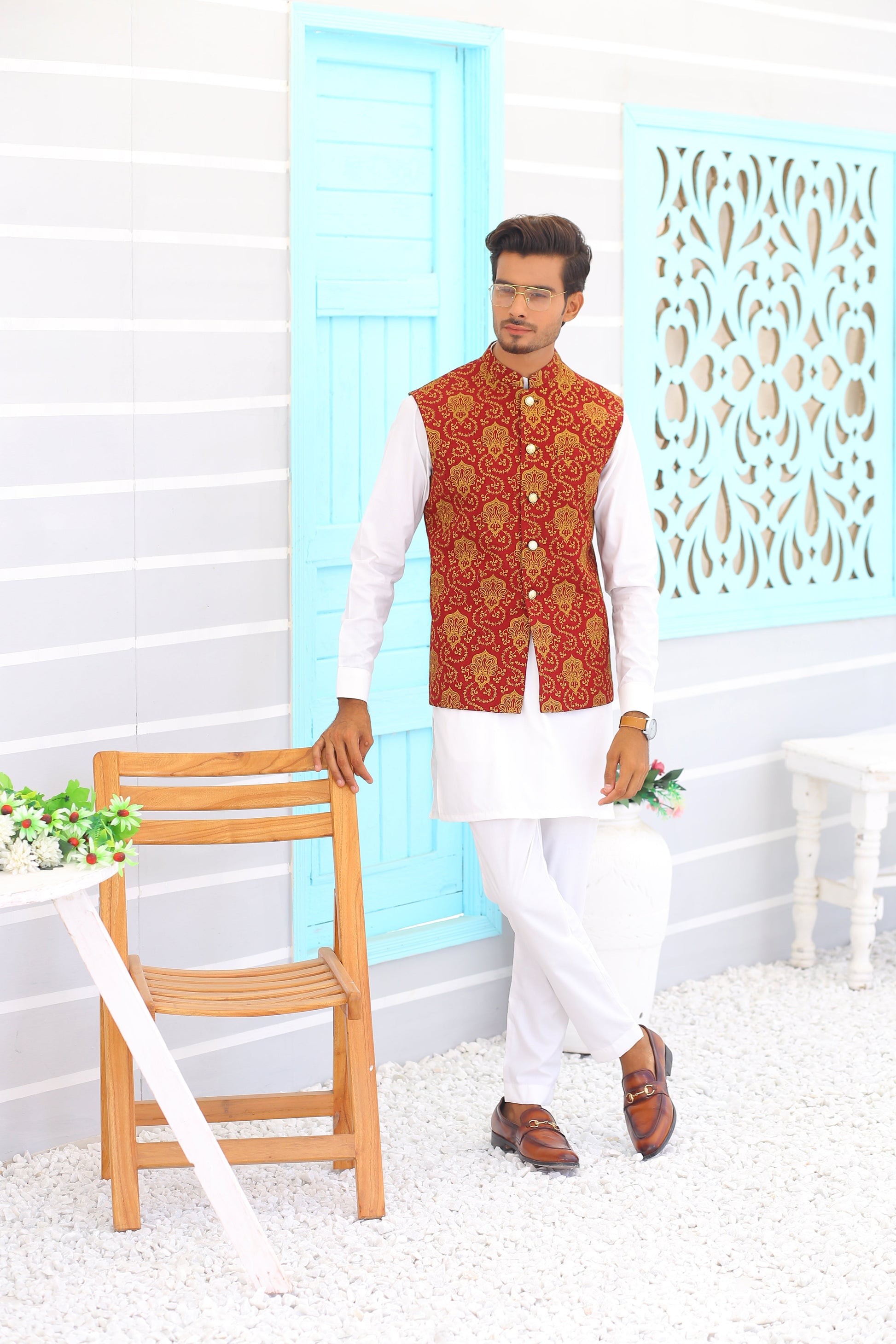 MC Maroon Embroidery Waistcoat - Mashal Couture