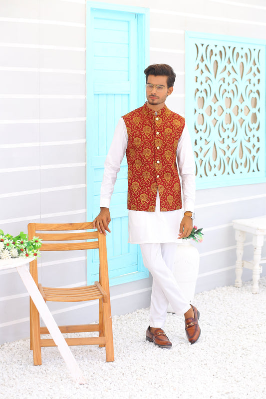 MC Maroon Embroidery Waistcoat - Mashal Couture