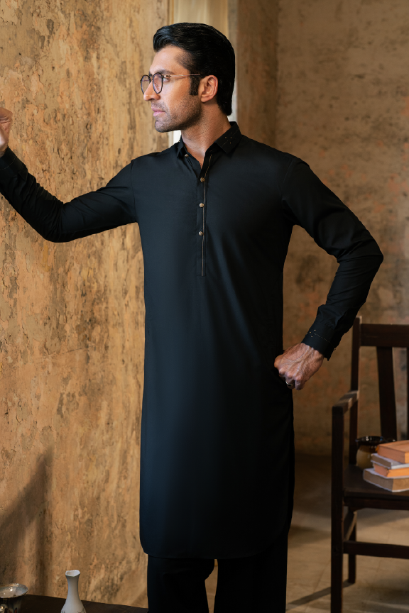 MC 75 Shalwar Kameez Black Mens - Mashal Couture