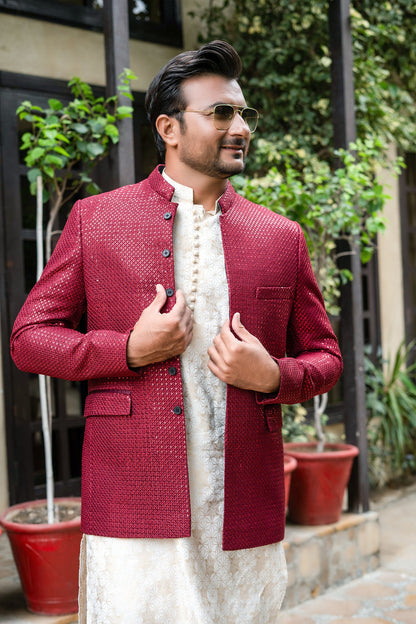MC 195 Pakistani Men Maroon Sequance Prince Coat - Mashal Couture