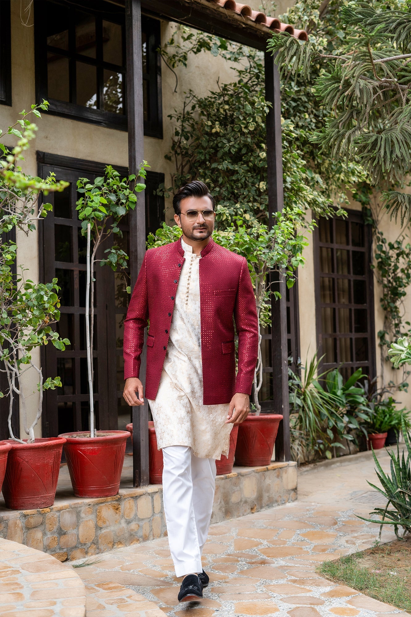 MC 195 Pakistani Men Maroon Sequance Prince Coat - Mashal Couture