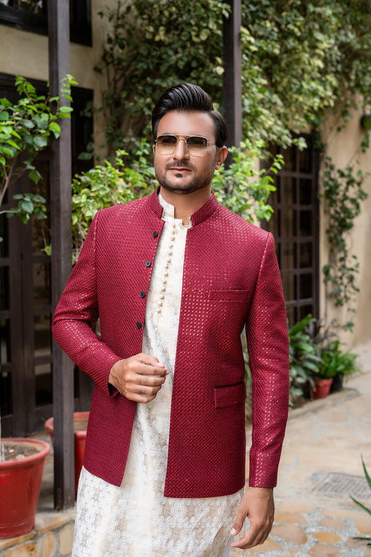 MC 195 Pakistani Men Maroon Sequance Prince Coat - Mashal Couture