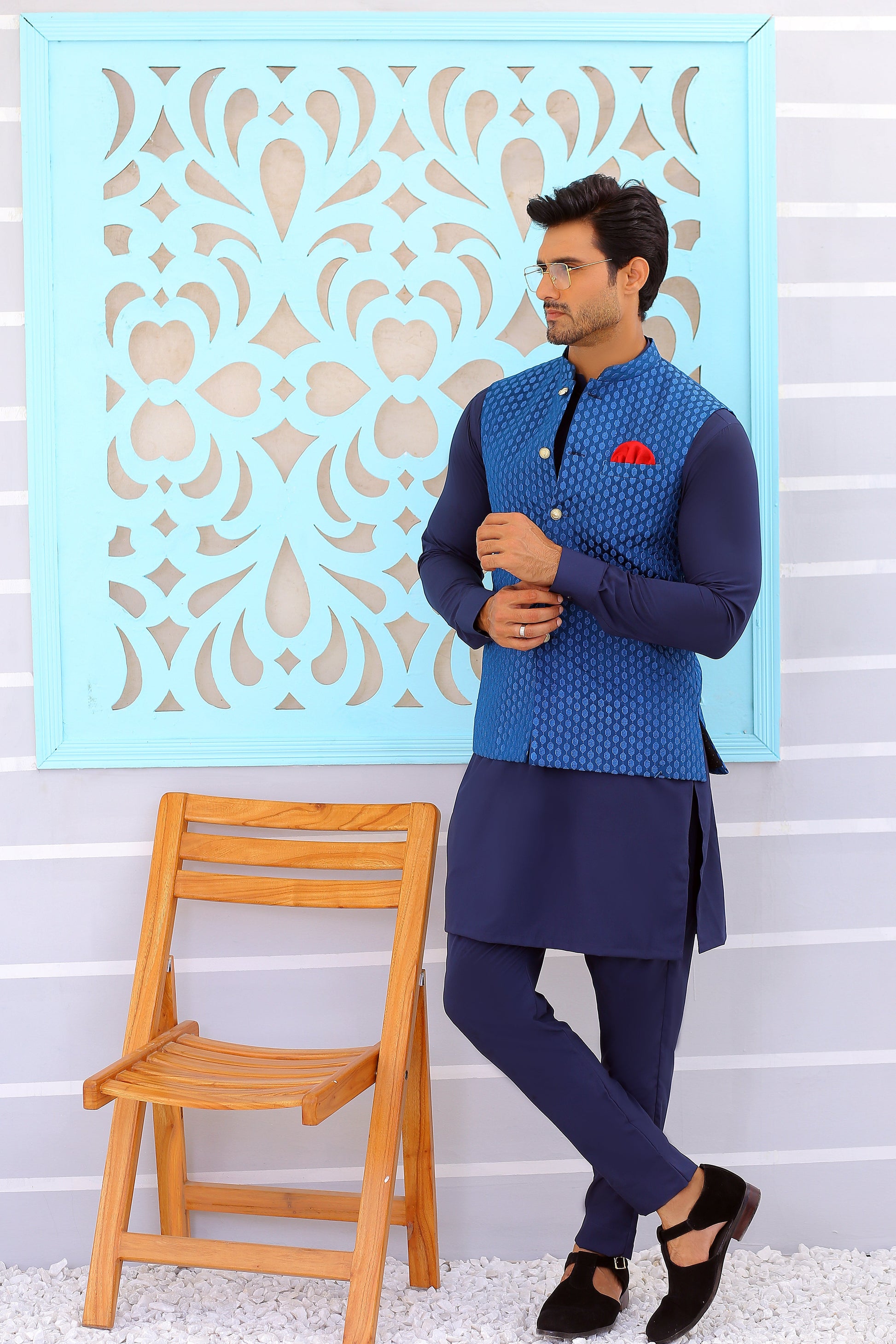 Blue Waistcoat For Men - Mashal Couture