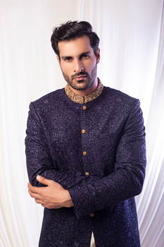MC 611 Navy Blue Sherwani For Groom - Mashal Couture