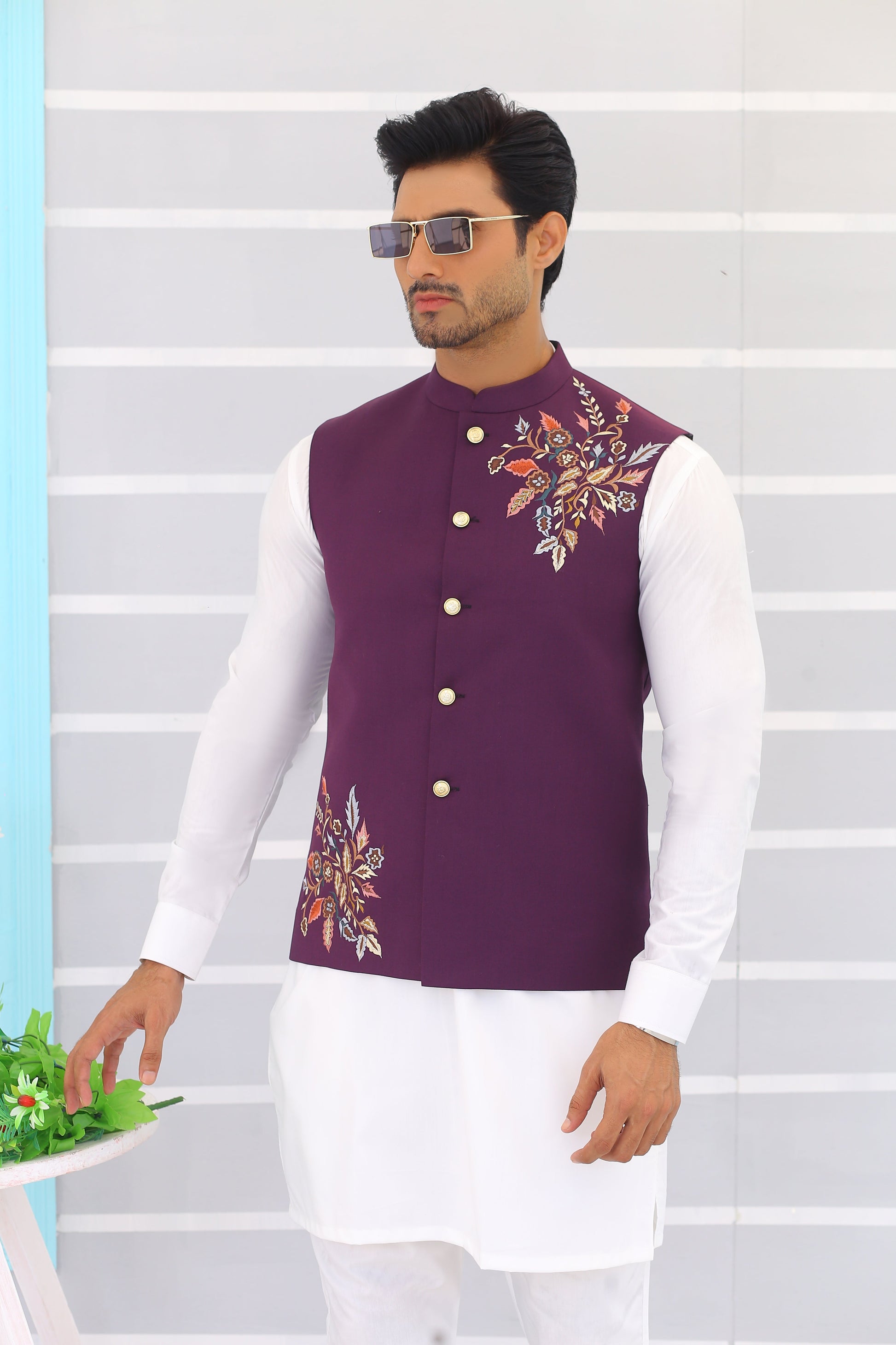 MC Lavender Embroidery Waistcoat - Mashal Couture