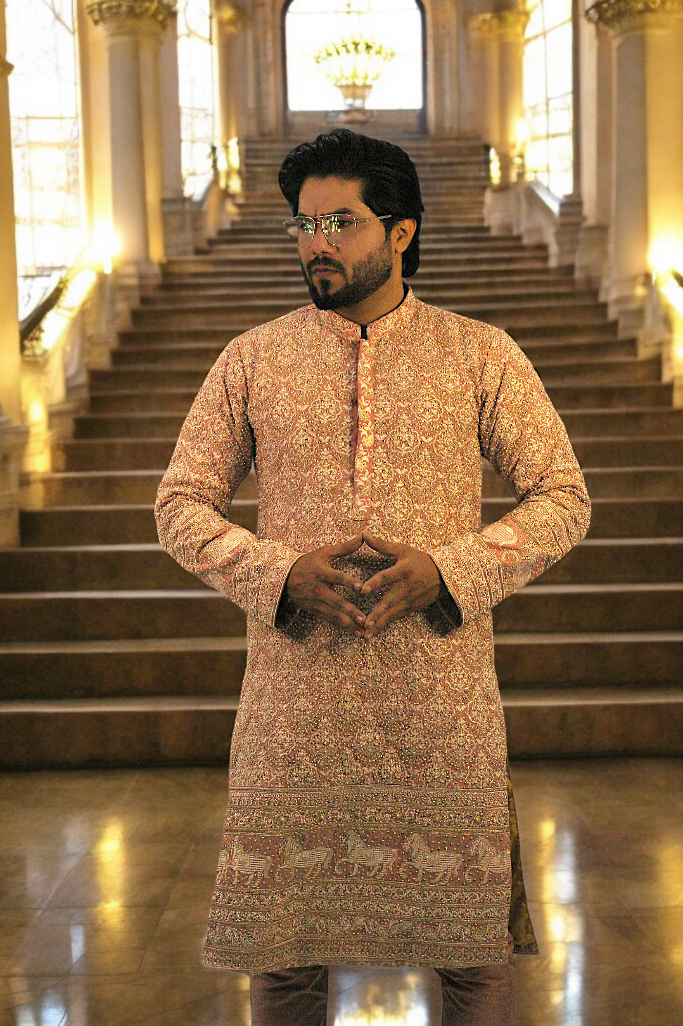 Full Embroidery Kurta Pajama With Shawl - Mashal Couture