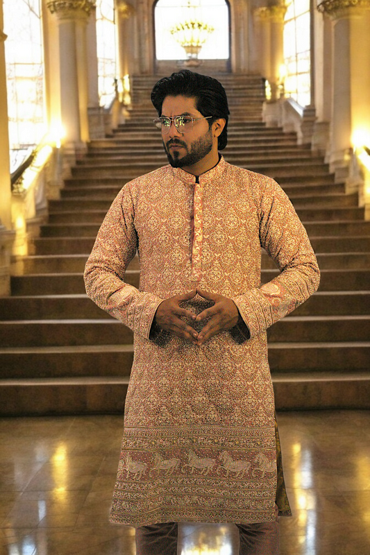 Full Embroidery Kurta Pajama With Shawl - Mashal Couture
