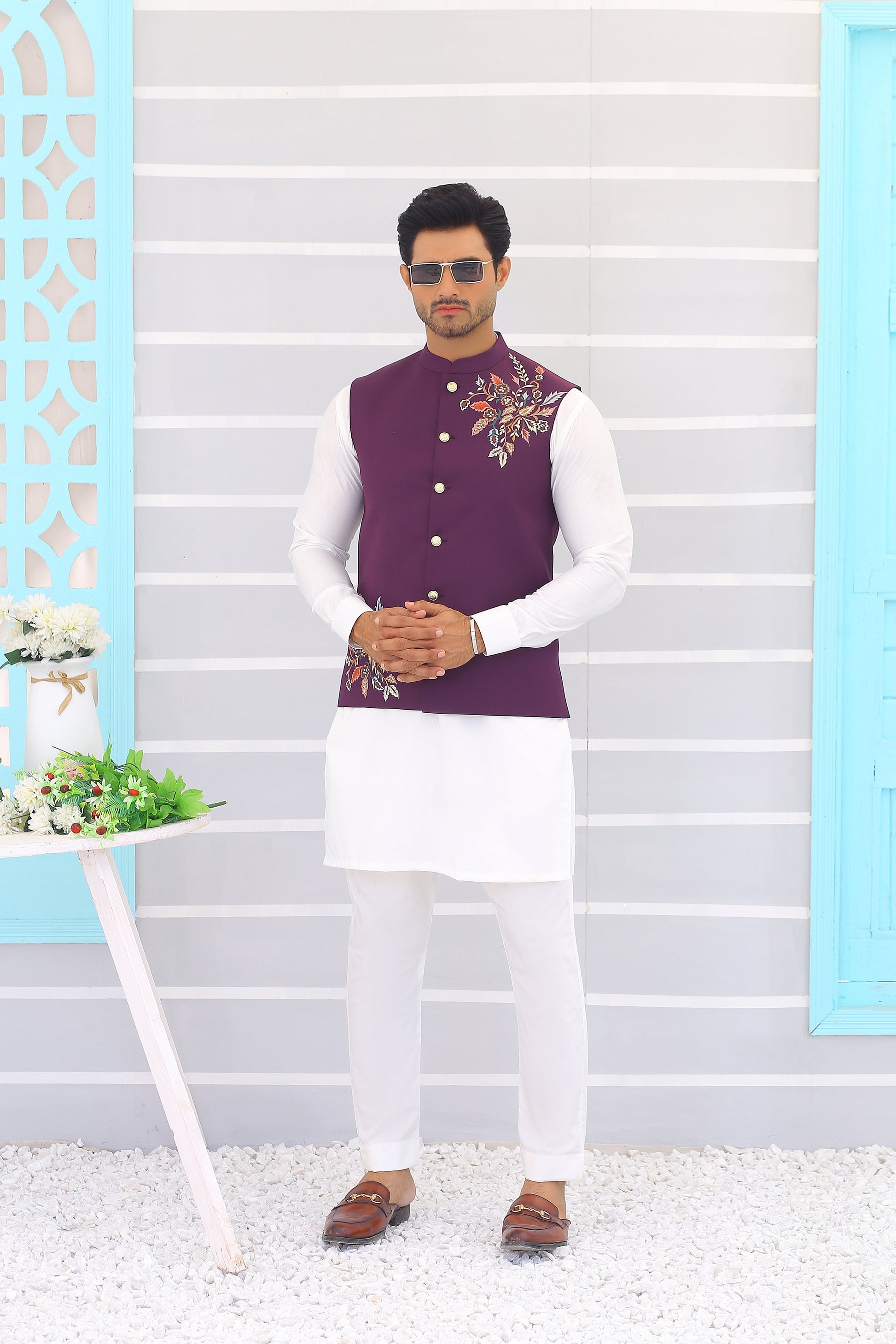 MC Lavender Embroidery Waistcoat - Mashal Couture