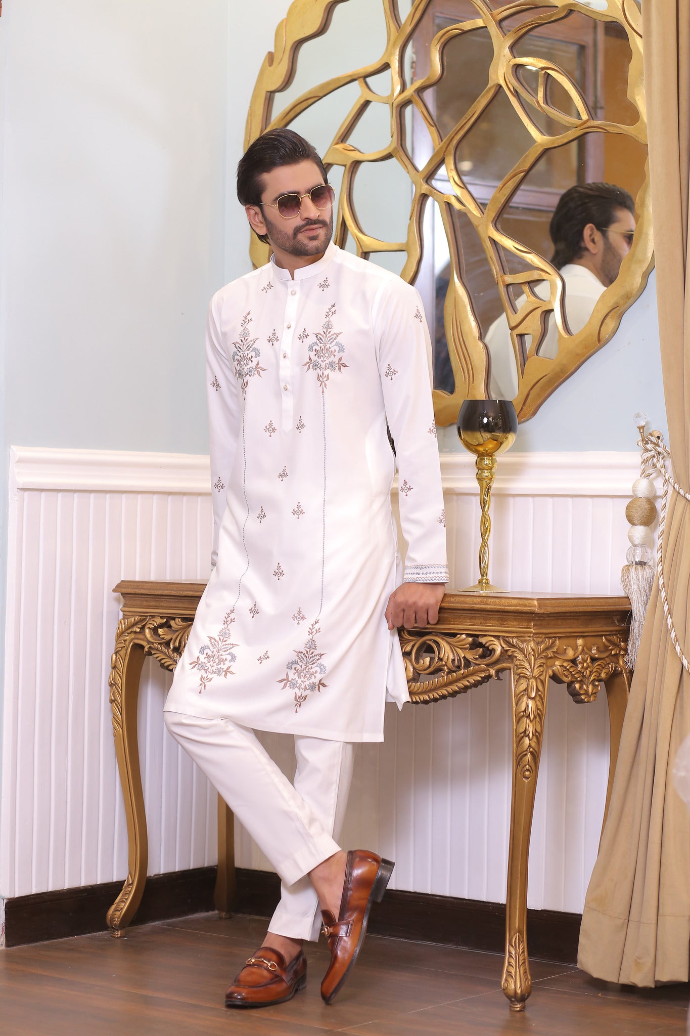 CK 23 White Chikankari Kurta For Mens Pakistan - Mashal Couture