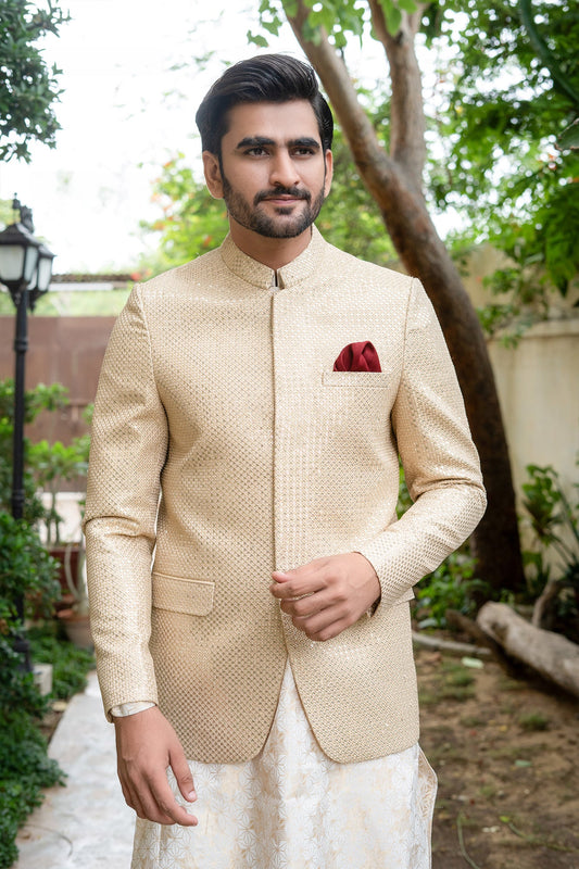 MC 193 Beige Sequance Mens Prince Suit - Mashal Couture