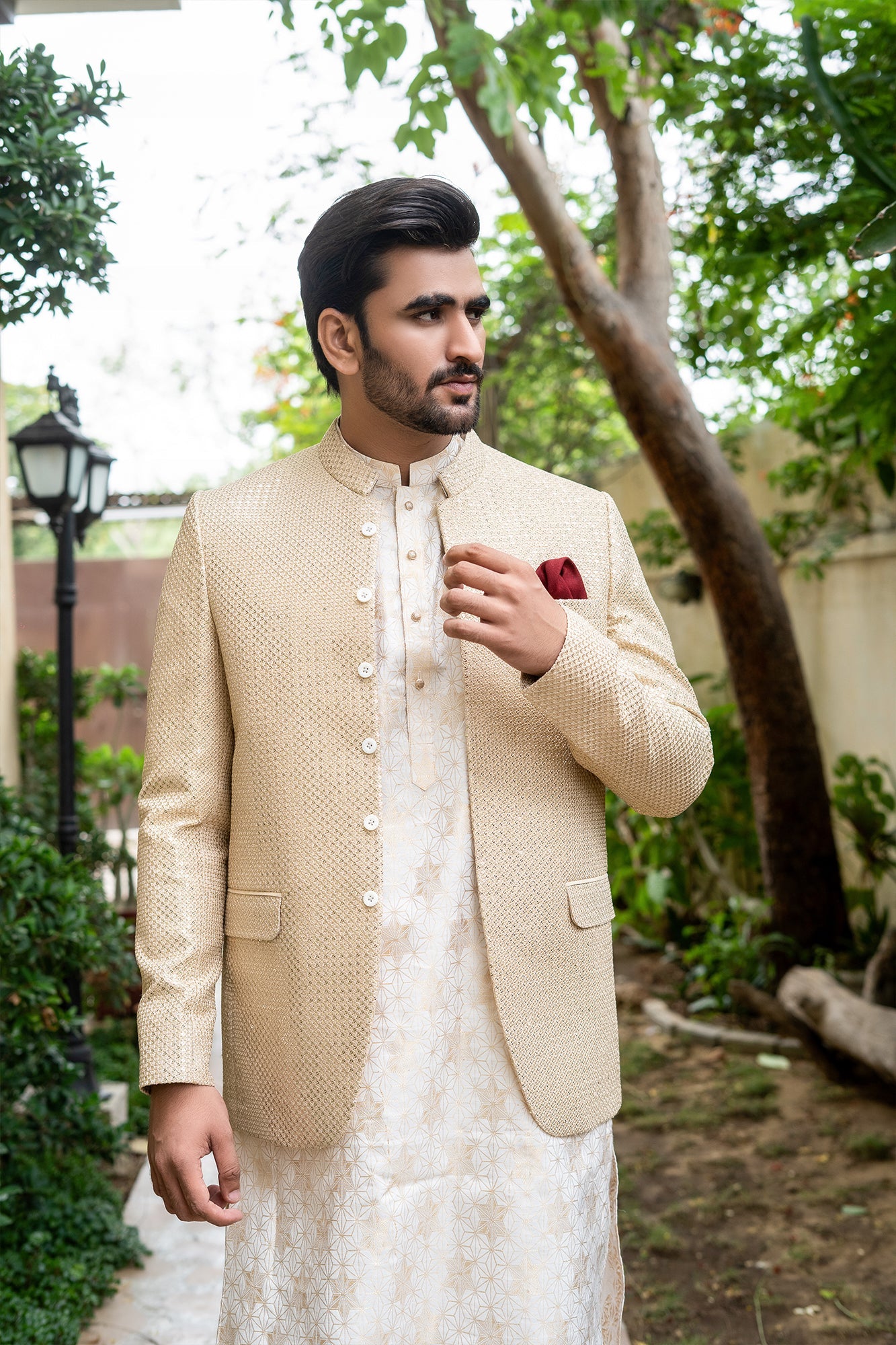 MC 193 Beige Sequance Mens Prince Suit - Mashal Couture