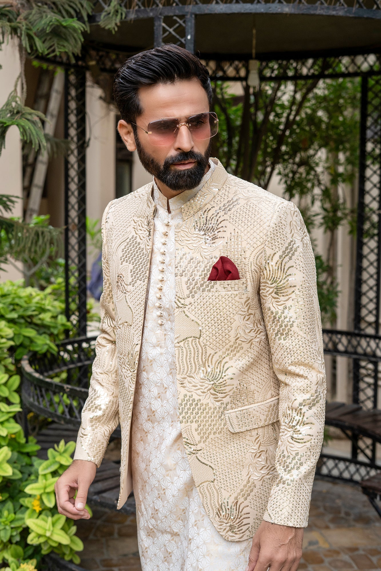 MC 191 Golden Sequance Mens Prince Suits - Mashal Couture