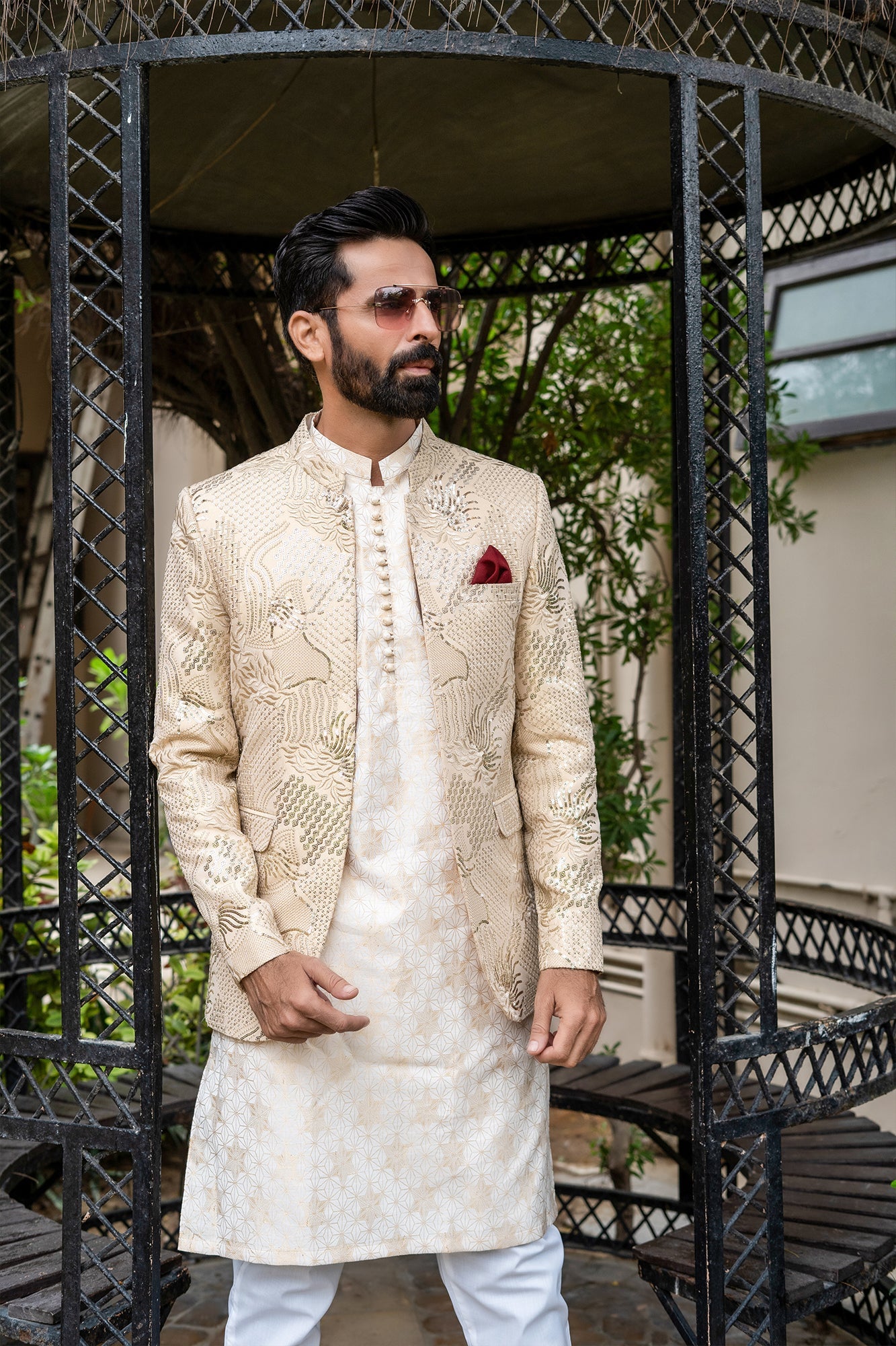 MC 191 Golden Sequance Mens Prince Suits - Mashal Couture