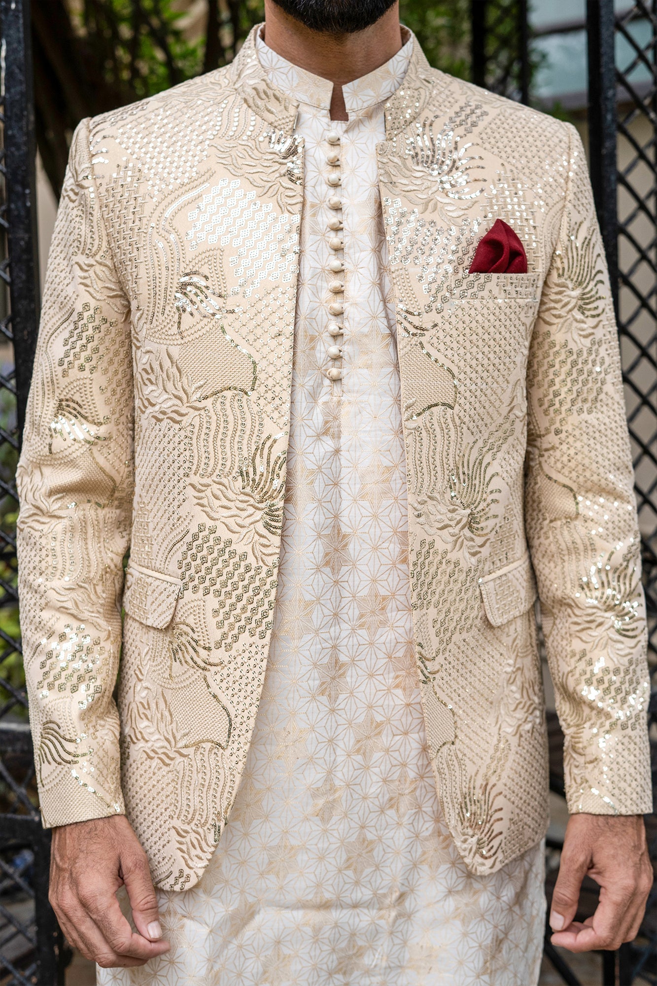 MC 191 Golden Sequance Mens Prince Suits - Mashal Couture