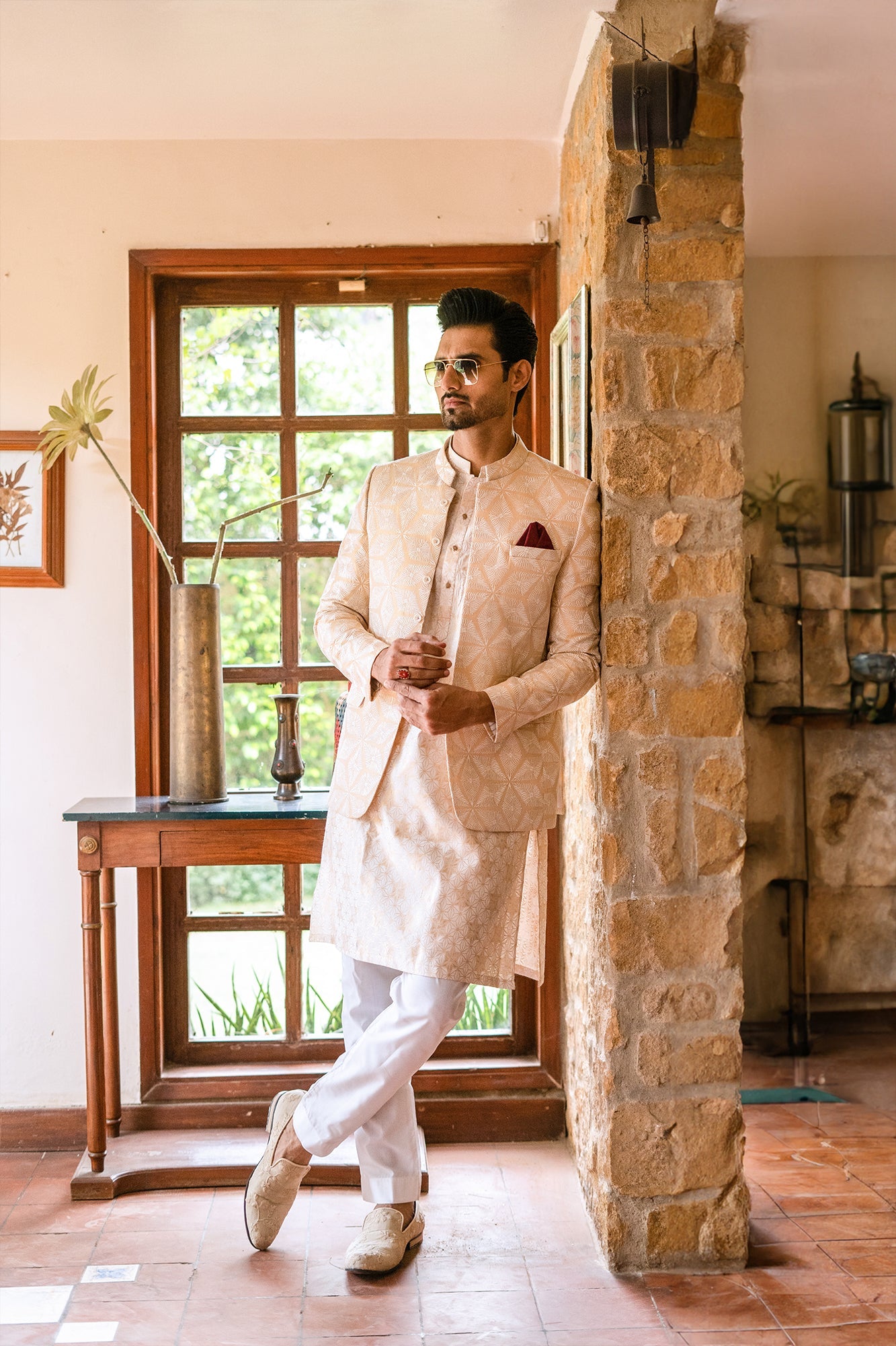 Mens Shalwar Kameez Prince Coat MC 148 Beige And White Prince Coat