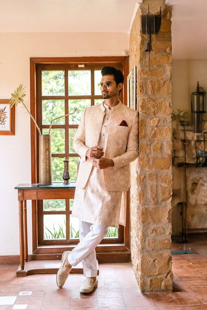 MC 148 Beige And White Prince Coat Weddding - Mashal Couture